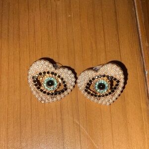 Heart Evil Eye Pearl Stud Earrings - Gold and Turquoise